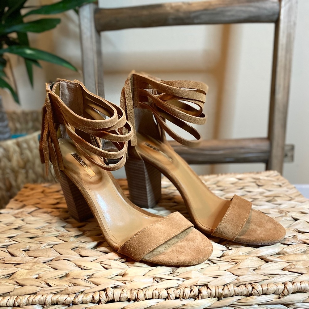 BCBG Open Toe Suede Sandals With Block Heel